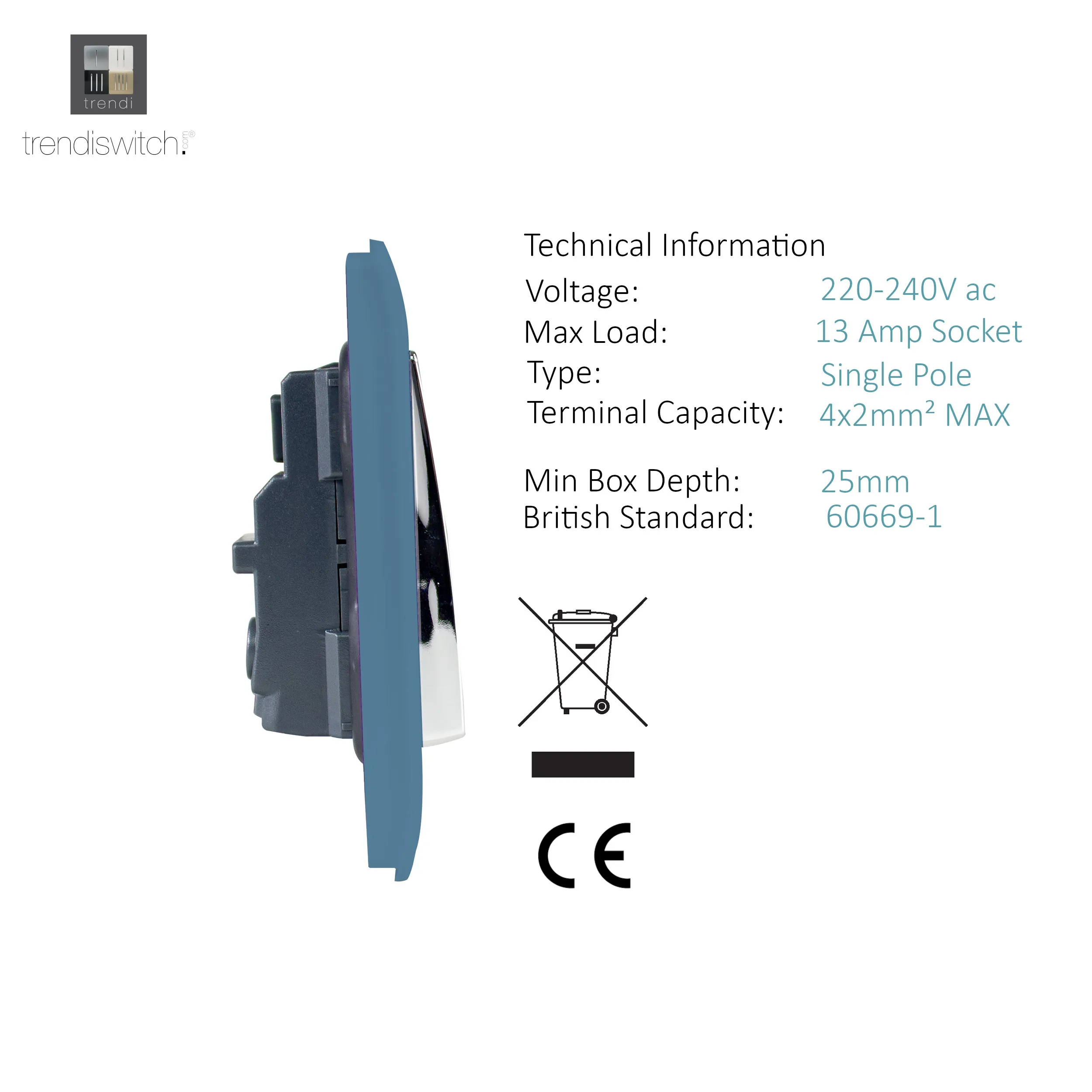 2 Gang 13Amp Long Switched Double Socket Sky ART-SKT213LSK  Trendi Sky